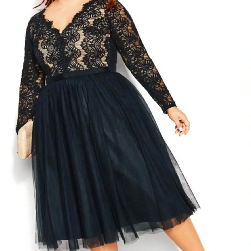 City Chic Black Lace with tulle skirt A-Line Silhouette V-neckline long sleeves
